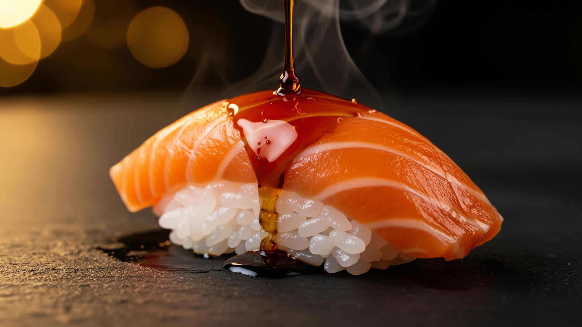 Nigiri de salmão com shoyu escorrendo sob luz dramática
